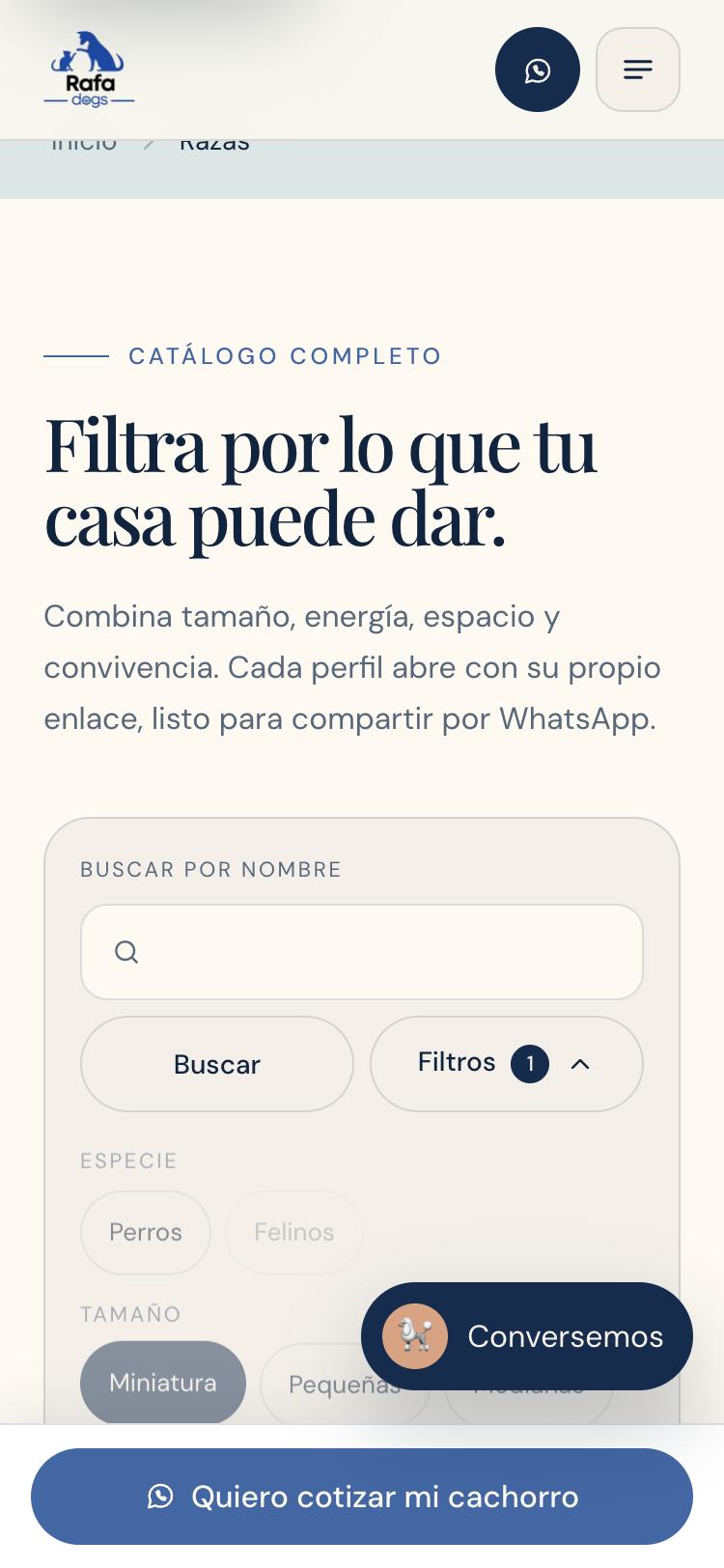 Catálogo filtrado por tamaño en el celular, con el botón de WhatsApp